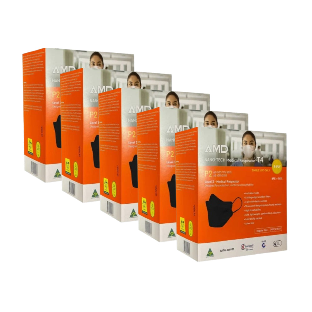AMD Premium P2 Face Masks Black 50 Pack - 5 Boxes
