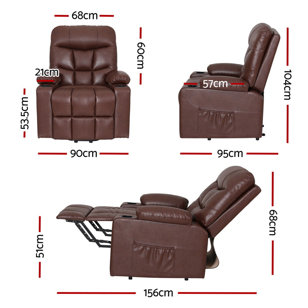 Artiss Lift Recliner Chair 8-Point Heated Massage 155° - 180kg - Brown