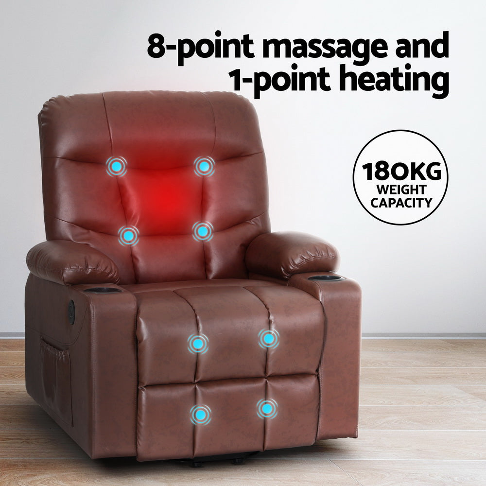 Artiss Lift Recliner Chair 8-Point Heated Massage 155° - 180kg - Brown