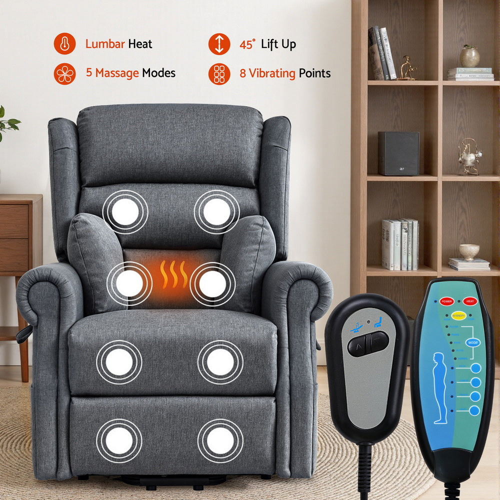Artiss Lift Recliner Chair 8-Point Heated Massage 130° - 150kg - Grey