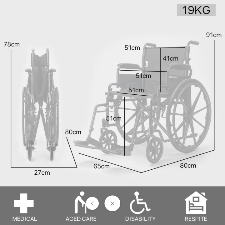 XL-Wide Quick-Folding Wheelchair 136kg Capacity - Black
