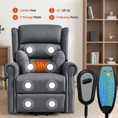 Electric Power Lift Recliner Chair with Massage & Lumbar Heat (Fabric Grey)