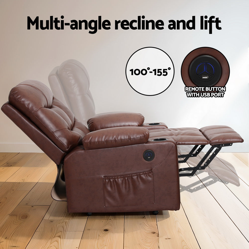 Artiss Lift Recliner Chair 8-Point Heated Massage 155° - 180kg - Brown