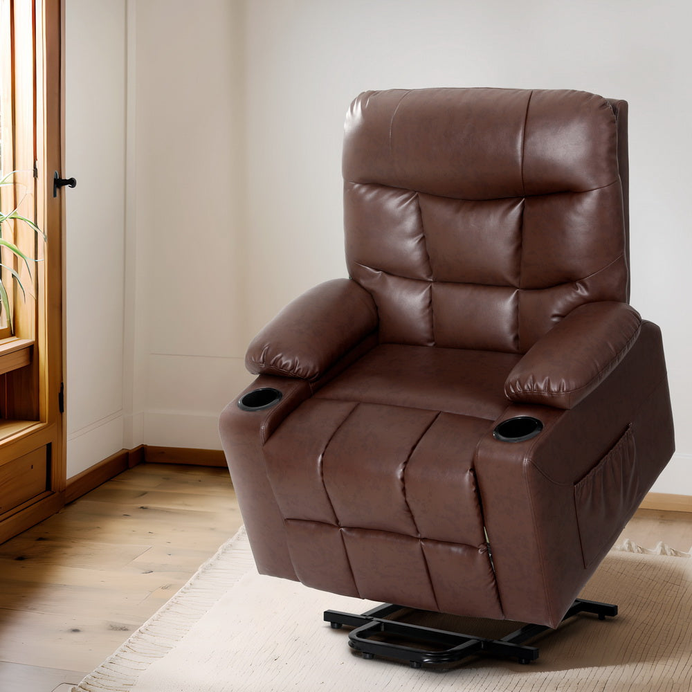 Artiss Lift Recliner Chair 8-Point Heated Massage 155° - 180kg - Brown