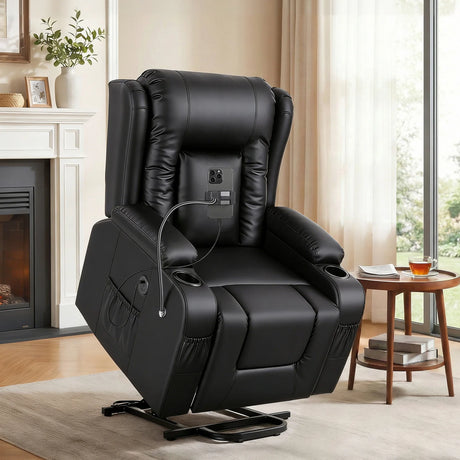 Power Lift Recliner Chair with Massage & Heat (PU Leather Black, USB, Cup Holders & Phone Holder)