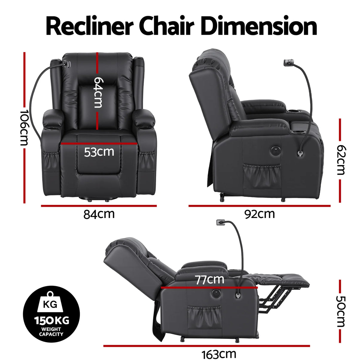 Power Lift Recliner Chair with Massage & Heat (PU Leather Black, USB, Cup Holders & Phone Holder)