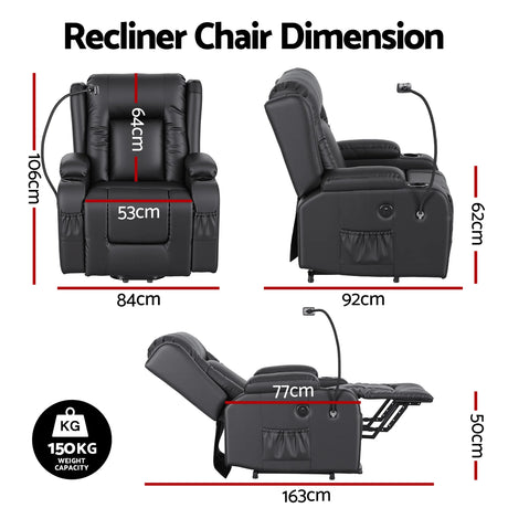 Power Lift Recliner Chair with Massage & Heat (PU Leather Black, USB, Cup Holders & Phone Holder)