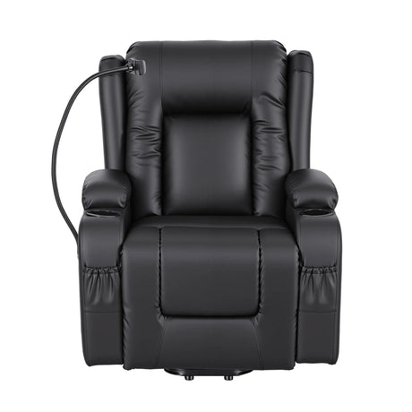 Power Lift Recliner Chair with Massage & Heat (PU Leather Black, USB, Cup Holders & Phone Holder)