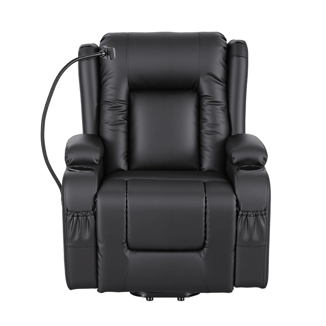 Power Lift Recliner Chair with Massage & Heat (PU Leather Black, USB, Cup Holders & Phone Holder)
