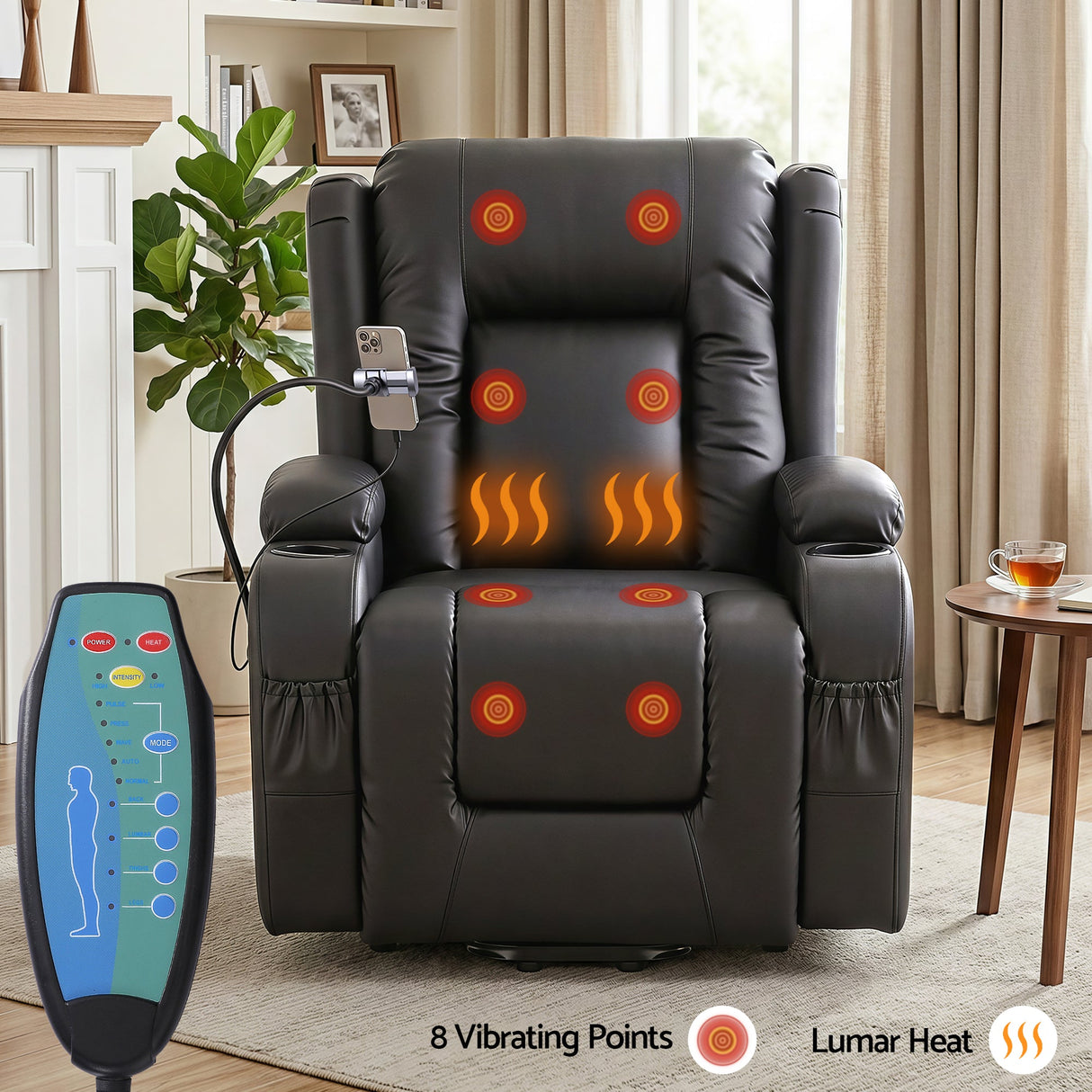 Artiss Lift Recliner Chair 8-Point Heated Massage USB Charging Port Phone Holder 135° Recline PU Leather Black