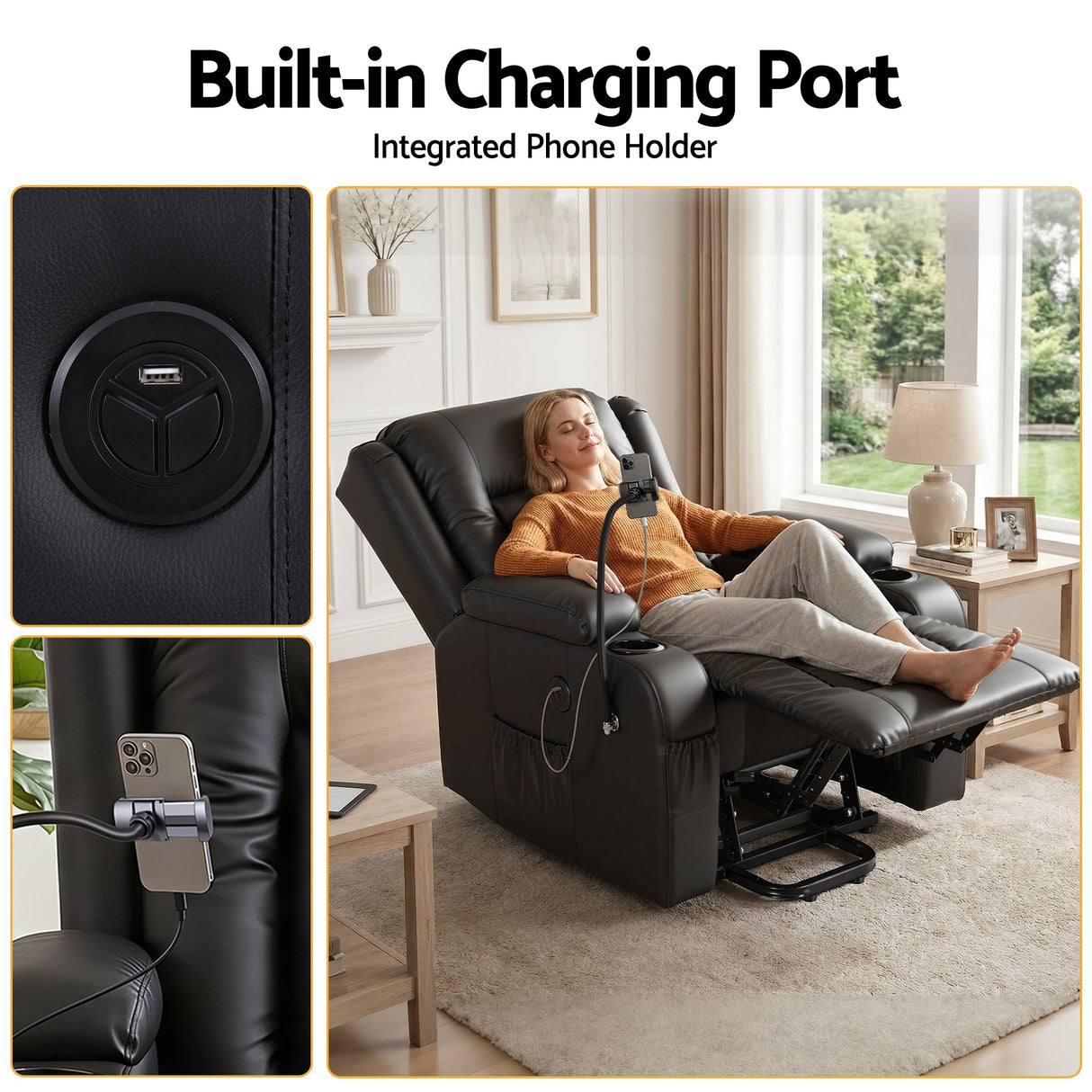 Artiss Lift Recliner Chair 8-Point Heated Massage USB Charging Port Phone Holder 135° Recline PU Leather Black