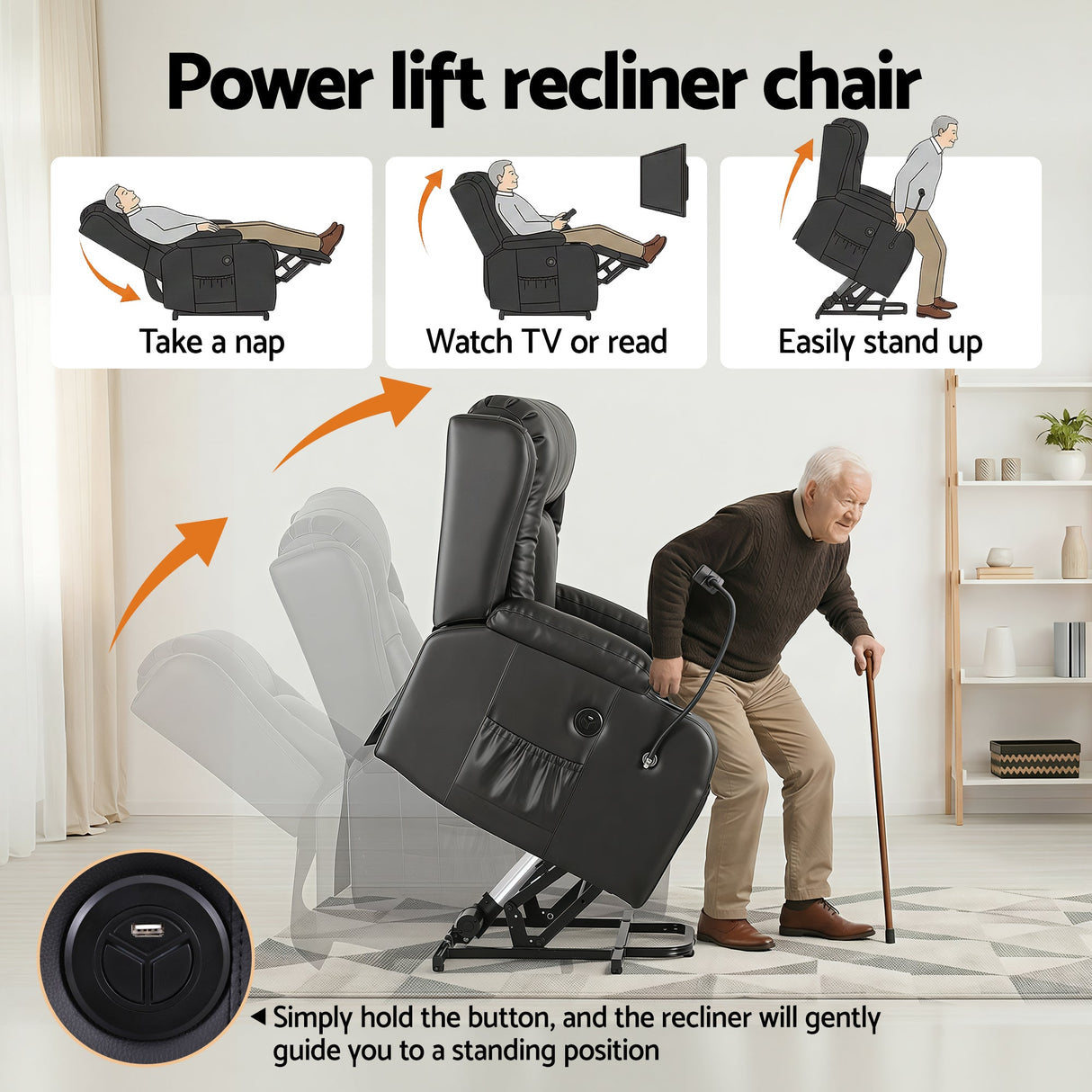 Artiss Lift Recliner Chair 8-Point Heated Massage USB Charging Port Phone Holder 135° Recline PU Leather Black