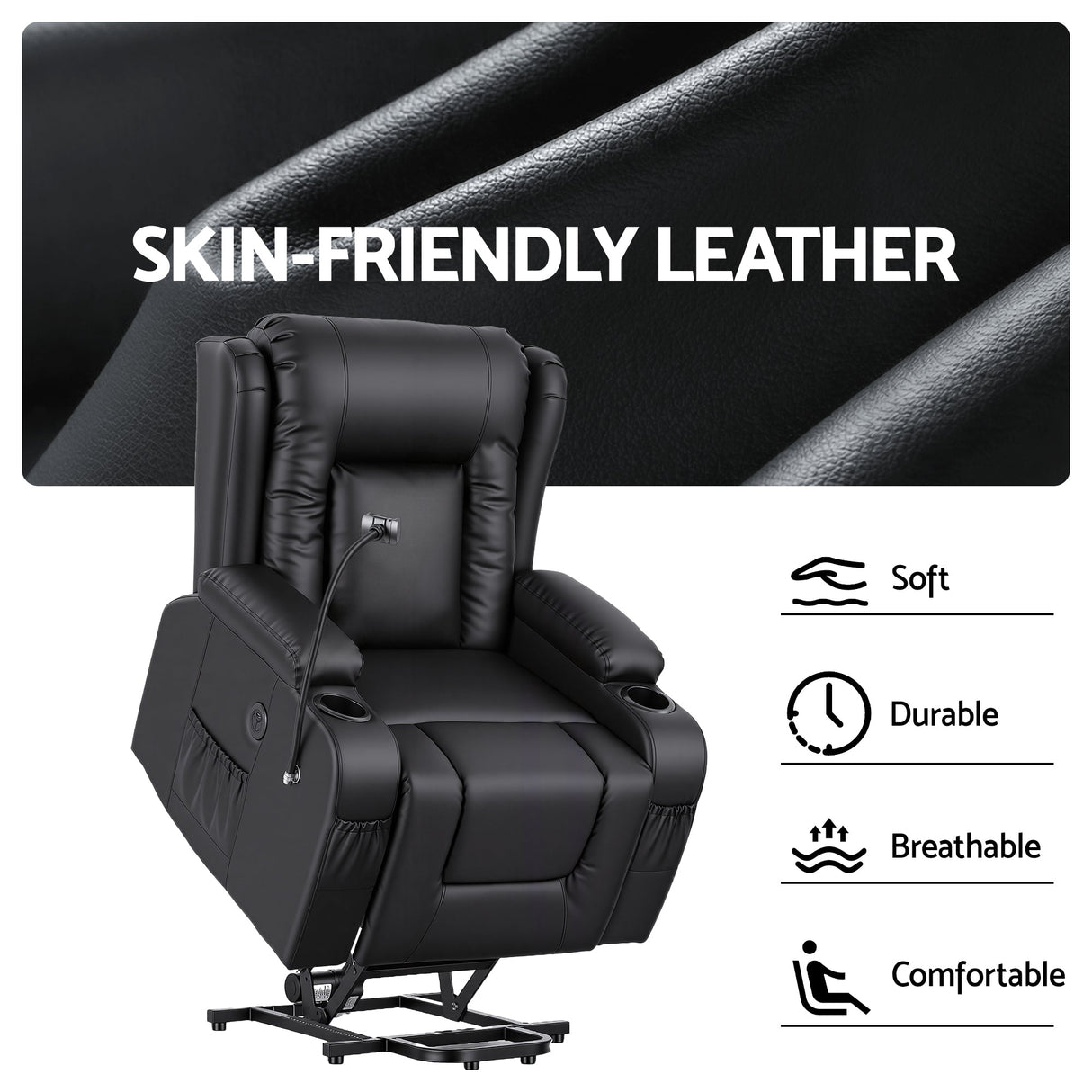 Artiss Lift Recliner Chair 8-Point Heated Massage USB Charging Port Phone Holder 135° Recline PU Leather Black