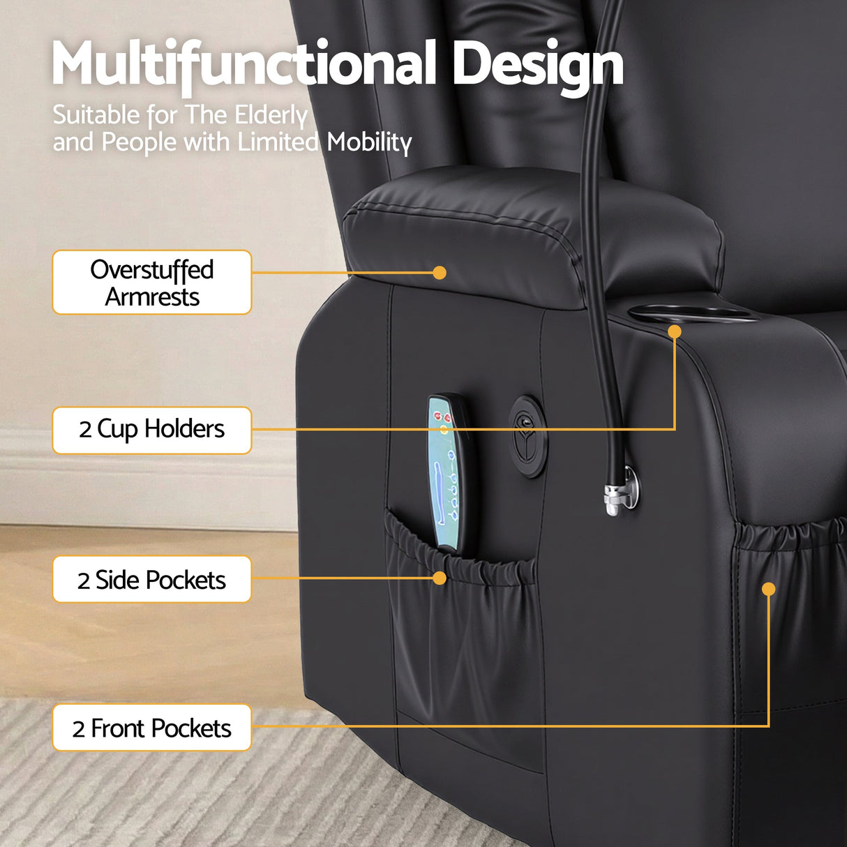 Artiss Lift Recliner Chair 8-Point Heated Massage USB Charging Port Phone Holder 135° Recline PU Leather Black