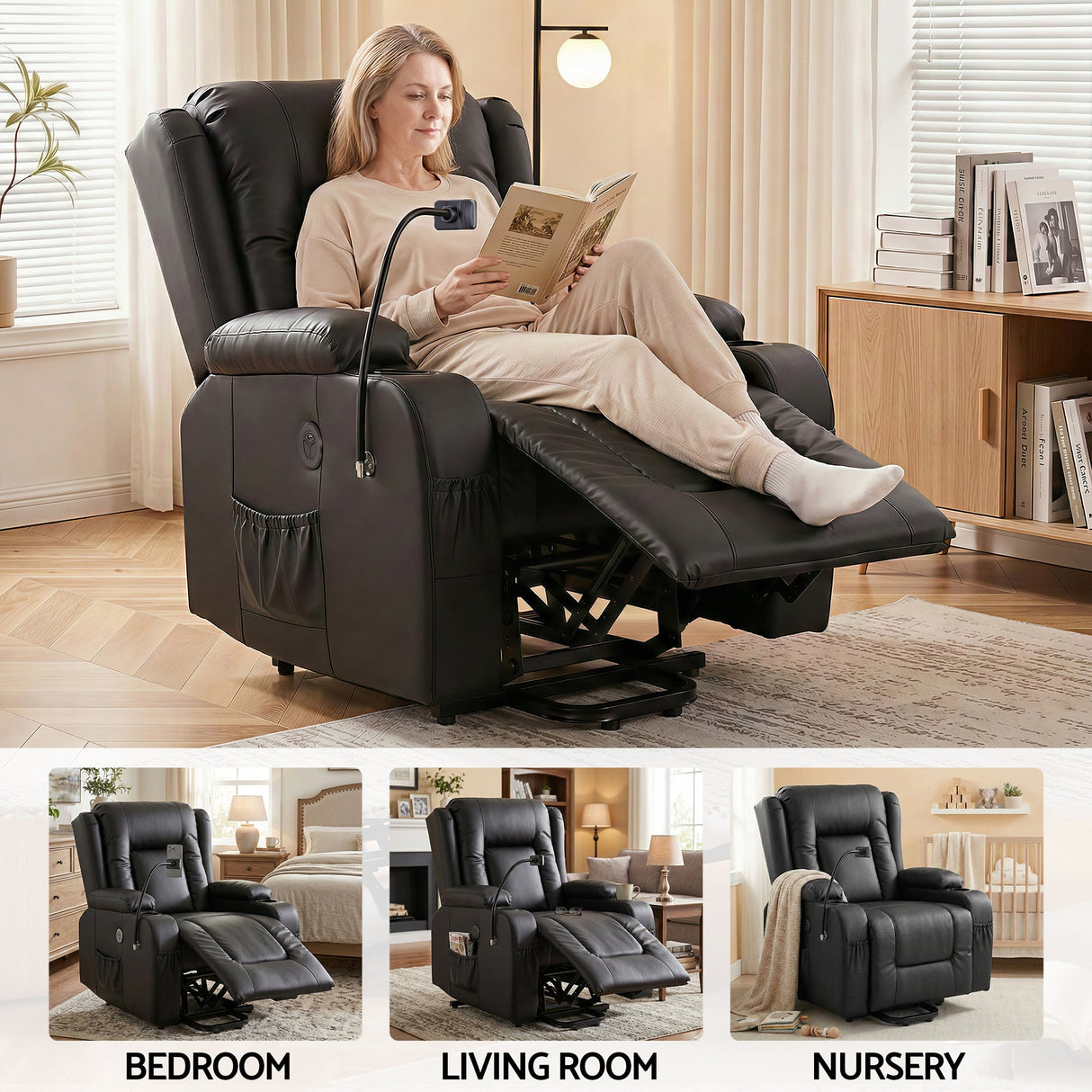 Artiss Lift Recliner Chair 8-Point Heated Massage USB Charging Port Phone Holder 135° Recline PU Leather Black