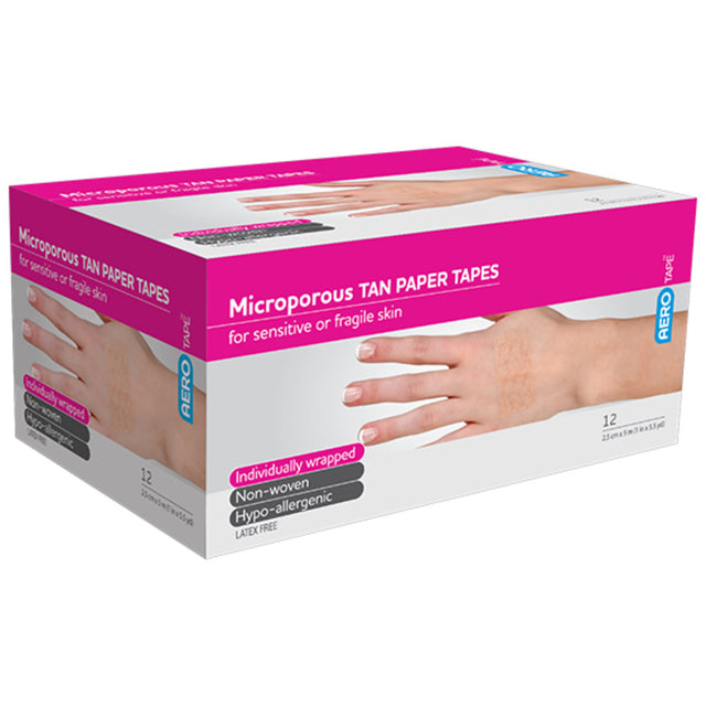 Tan Microporous Paper Tape 2.5cm x 5M Box/12