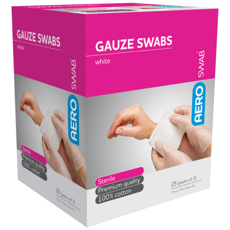 Sterile White Gauze Swab 7.5 x 7.5cm Box/25 (Packs of 3)